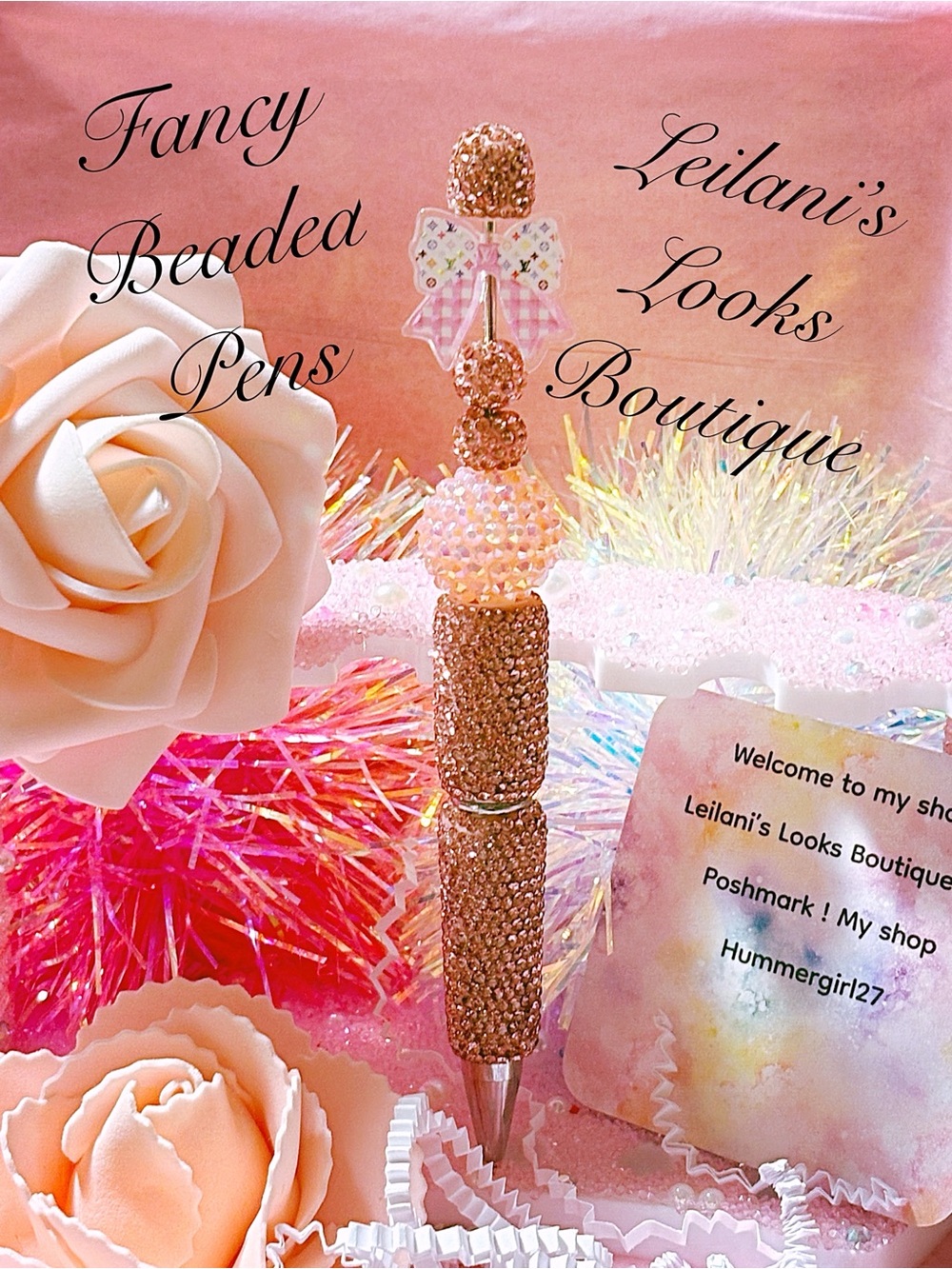 Pink Beaded Decorative Pen/pink beads/girly/white bow/